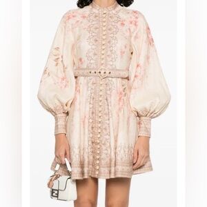 NWT Zimmermann Illuminate Buttoned Linen Puffer Sleeve Mini Coral Floral Dress